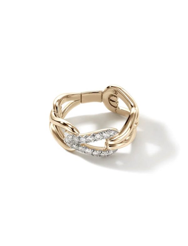 Surf Link Ring, Gold, Diamonds, Wide